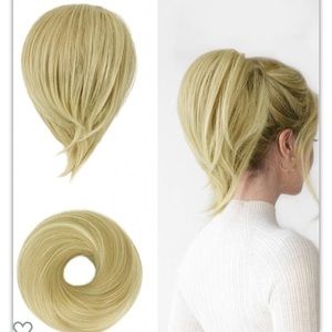 Hair Bun Ponytail Extension Straight Synthetic Hairpiece Buttery Ash Blonde Mix.